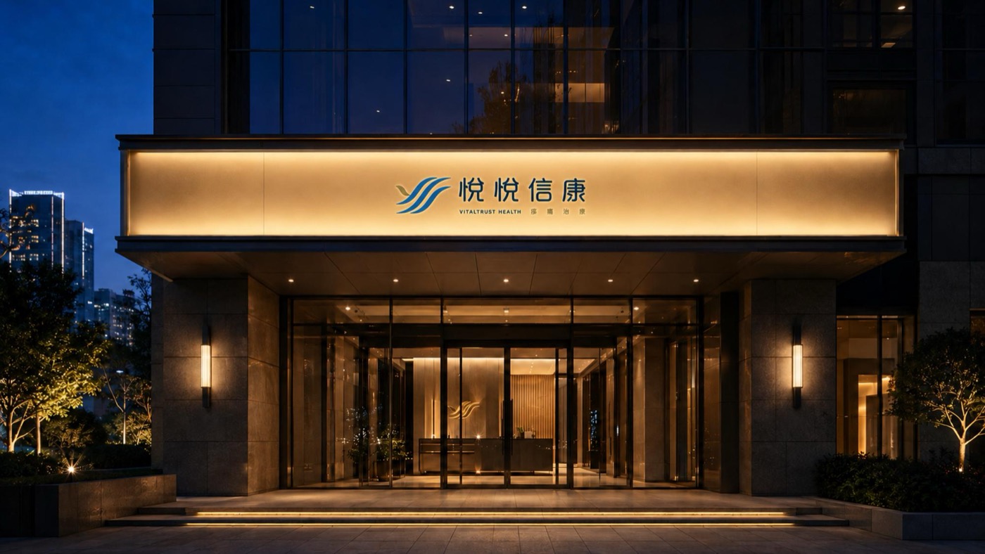 診所建築入口上方的發光招牌，夜間亮起標誌與名稱