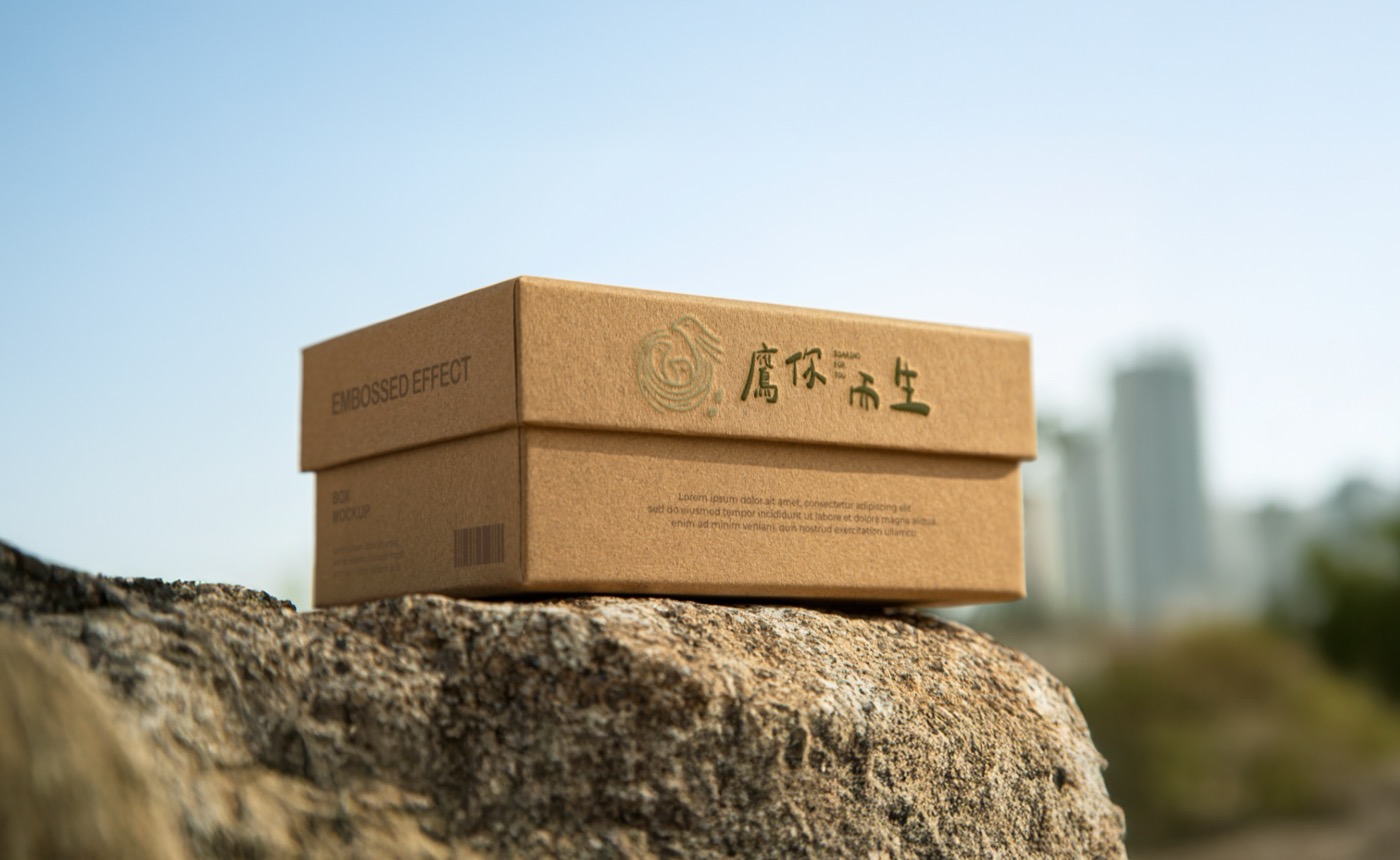 牛皮紙盒上的品牌標誌，紙盒放在戶外的石頭上